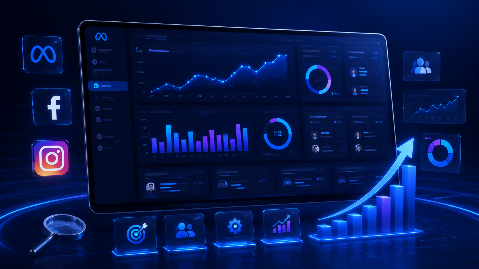 Dashboard futurista con métricas, gráficas y redes sociales para marketing digital