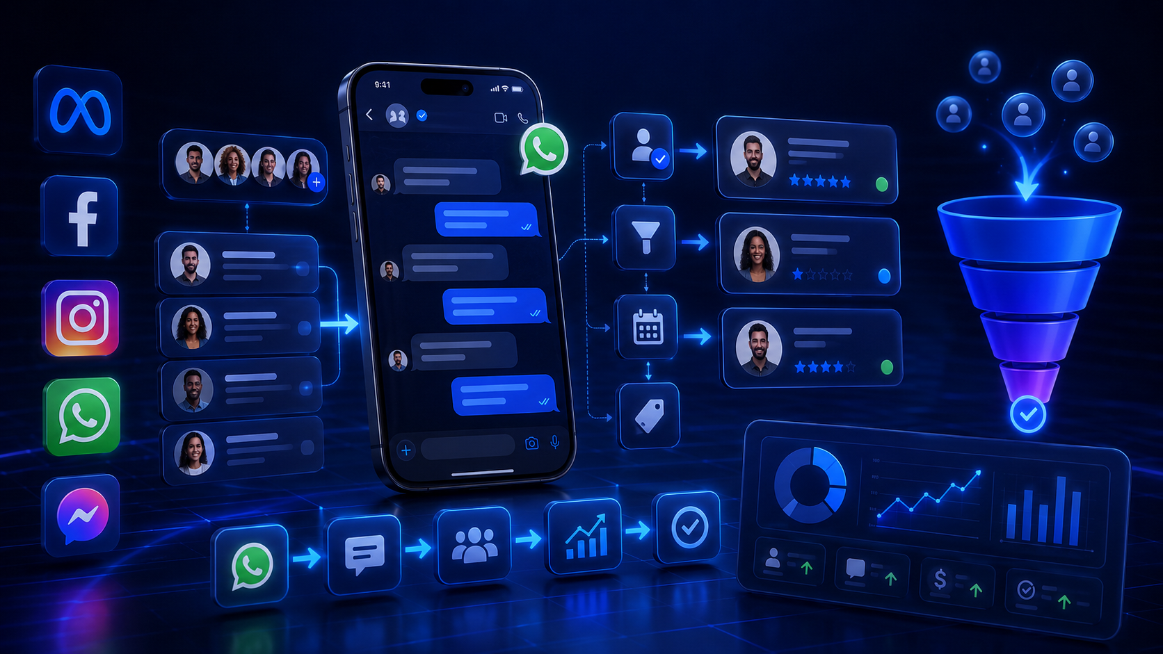 Ilustración de captación digital con Meta Ads, WhatsApp, métricas y seguimiento comercial