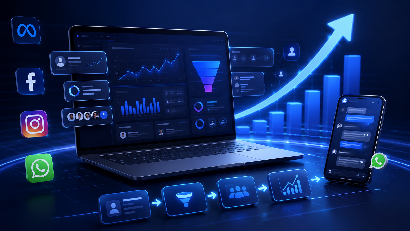Pantalla tecnológica con Meta, Facebook, Instagram, WhatsApp y gráficas de crecimiento